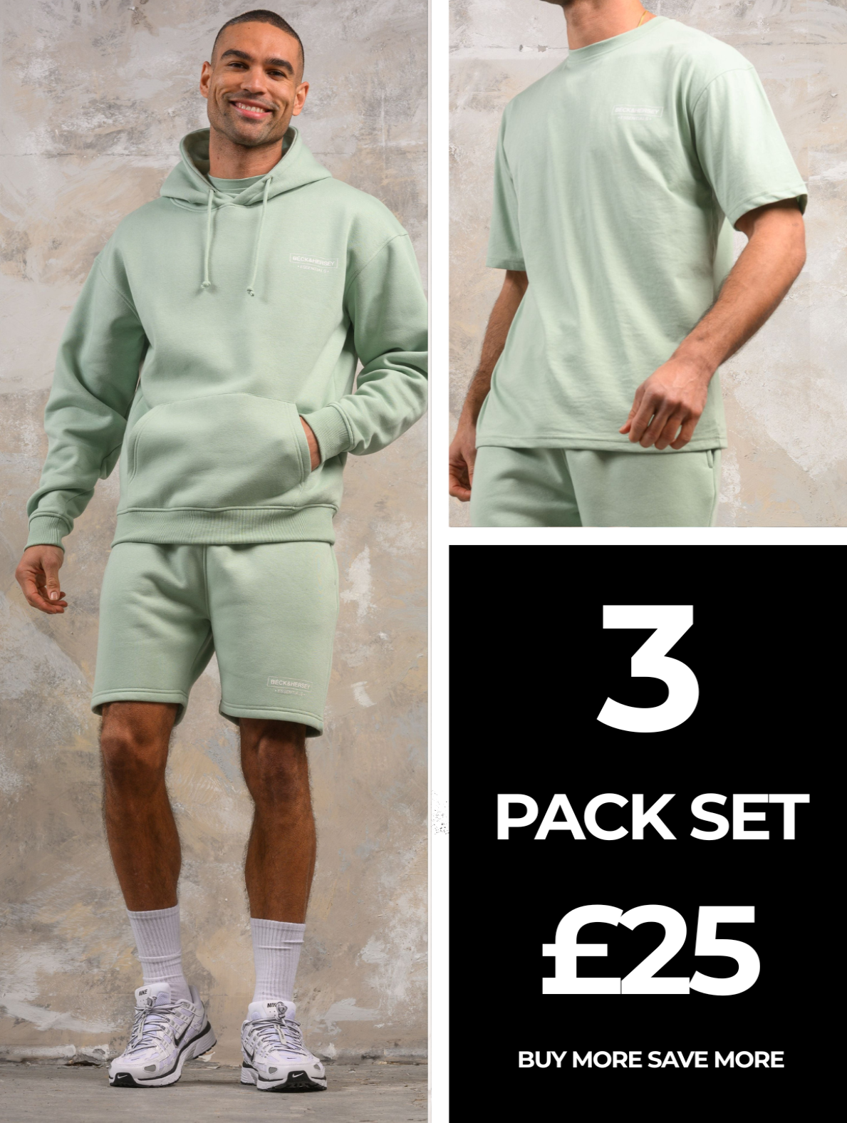 ESSENTIALS HOODY TEE & SHORT SET - SAGE