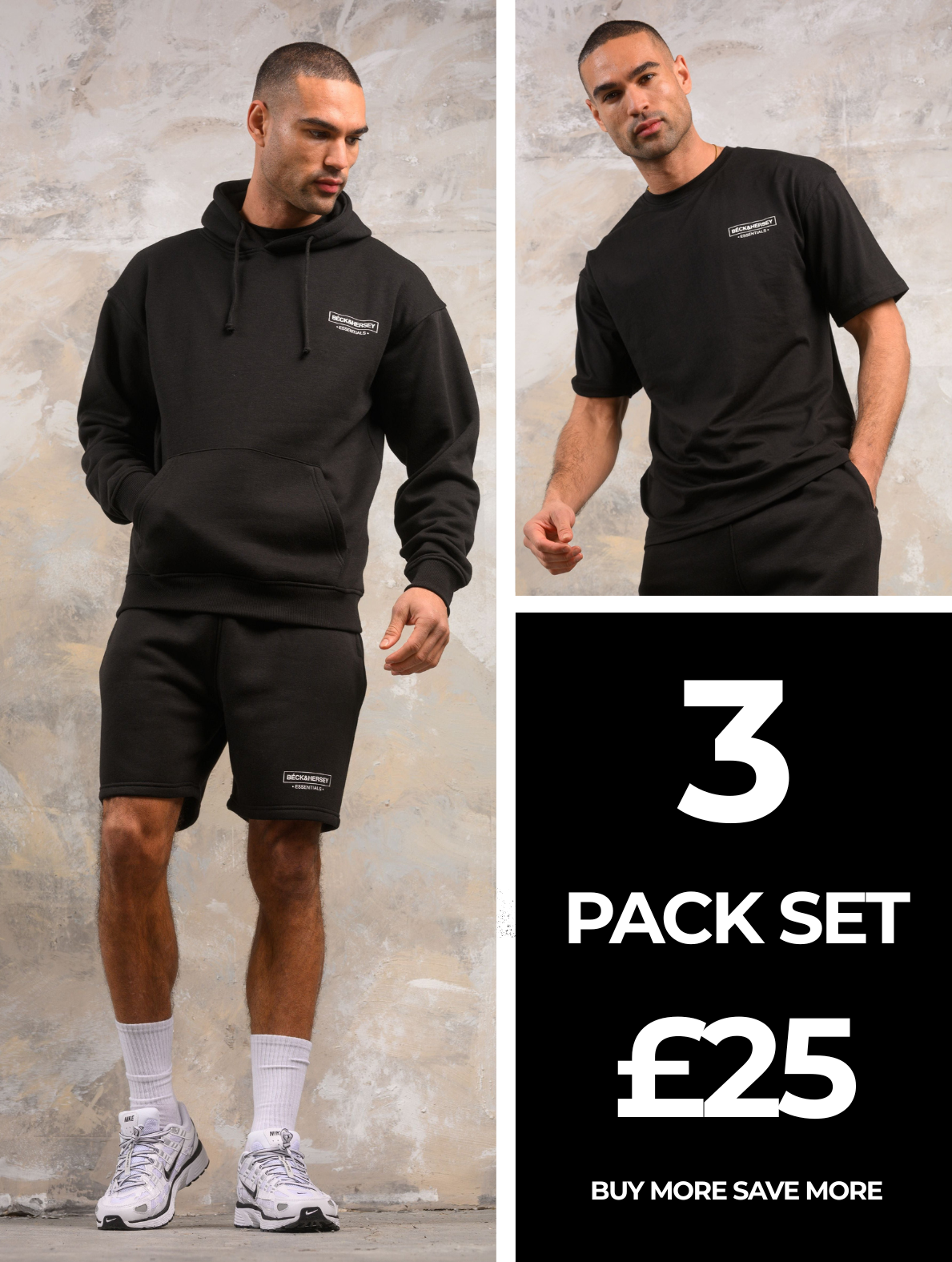 ESSENTIALS HOODY TEE & SHORT SET - BLACK