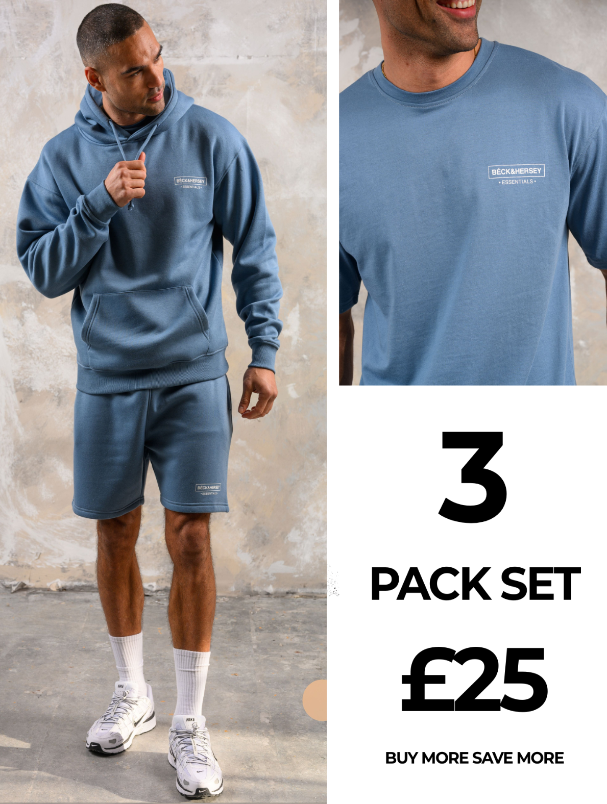 ESSENTIALS HOODY TEE & SHORT SET - BLUE