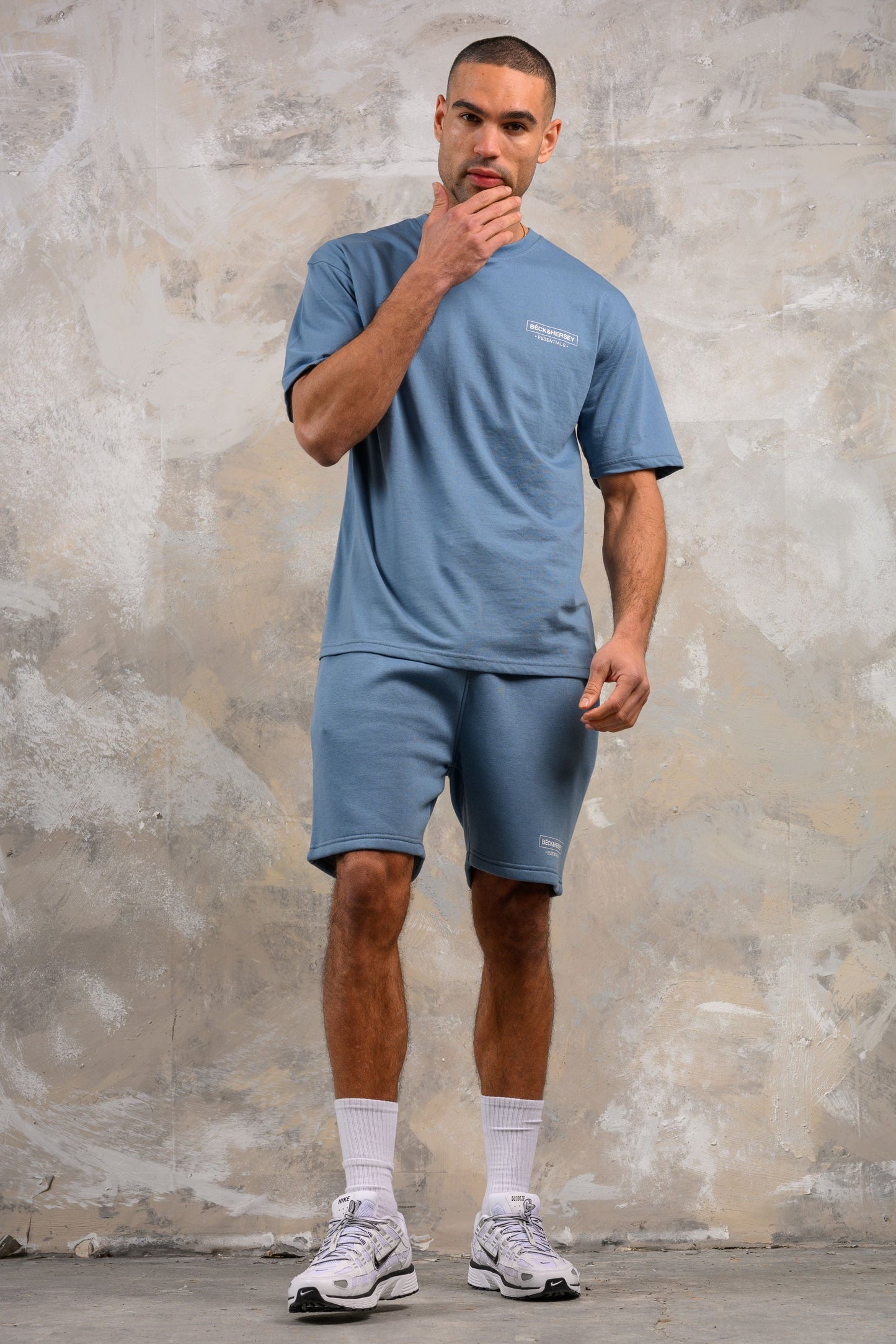ESSENTIALS HOODY TEE & SHORT SET - BLUE