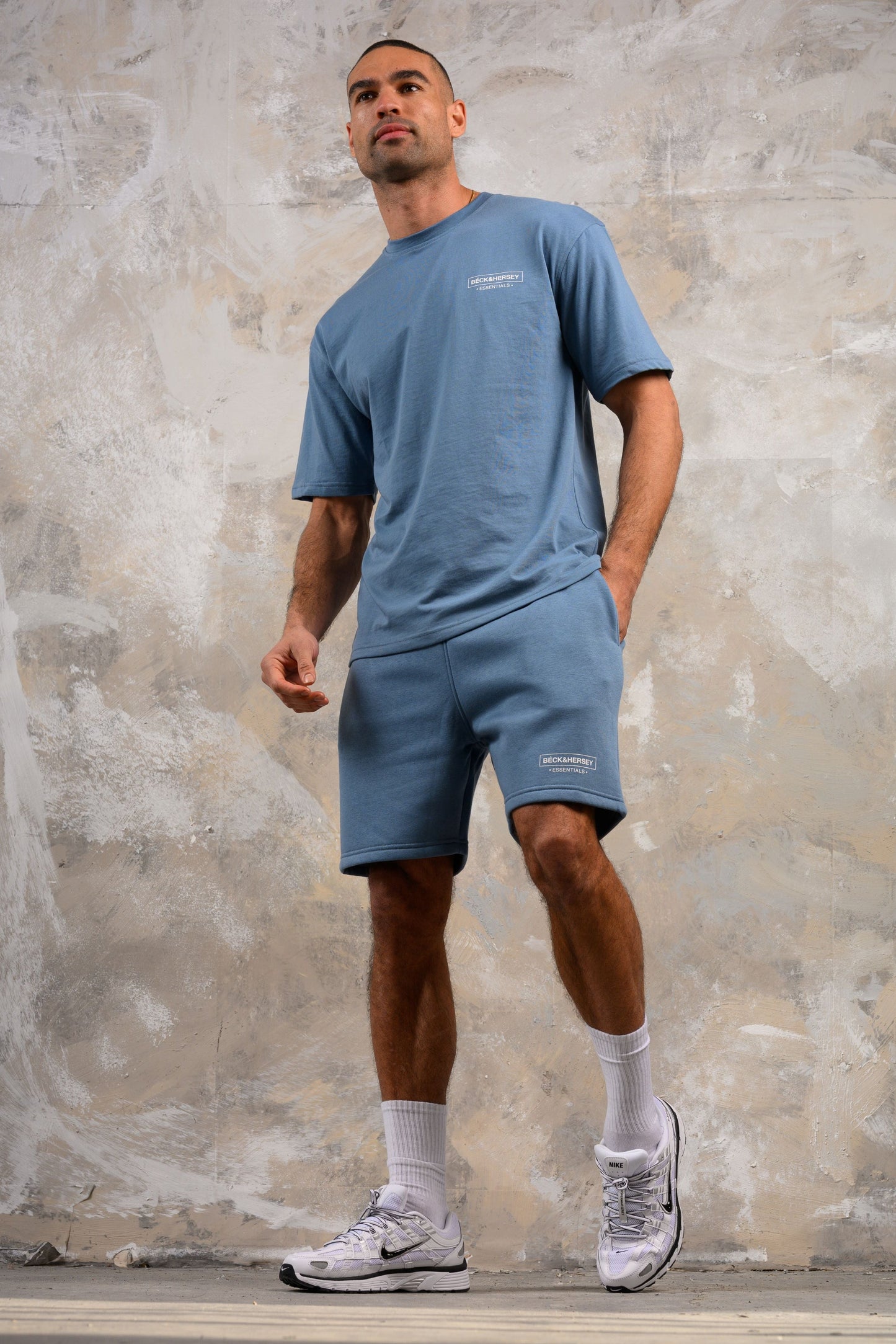 ESSENTIALS HOODY TEE & SHORT SET - BLUE