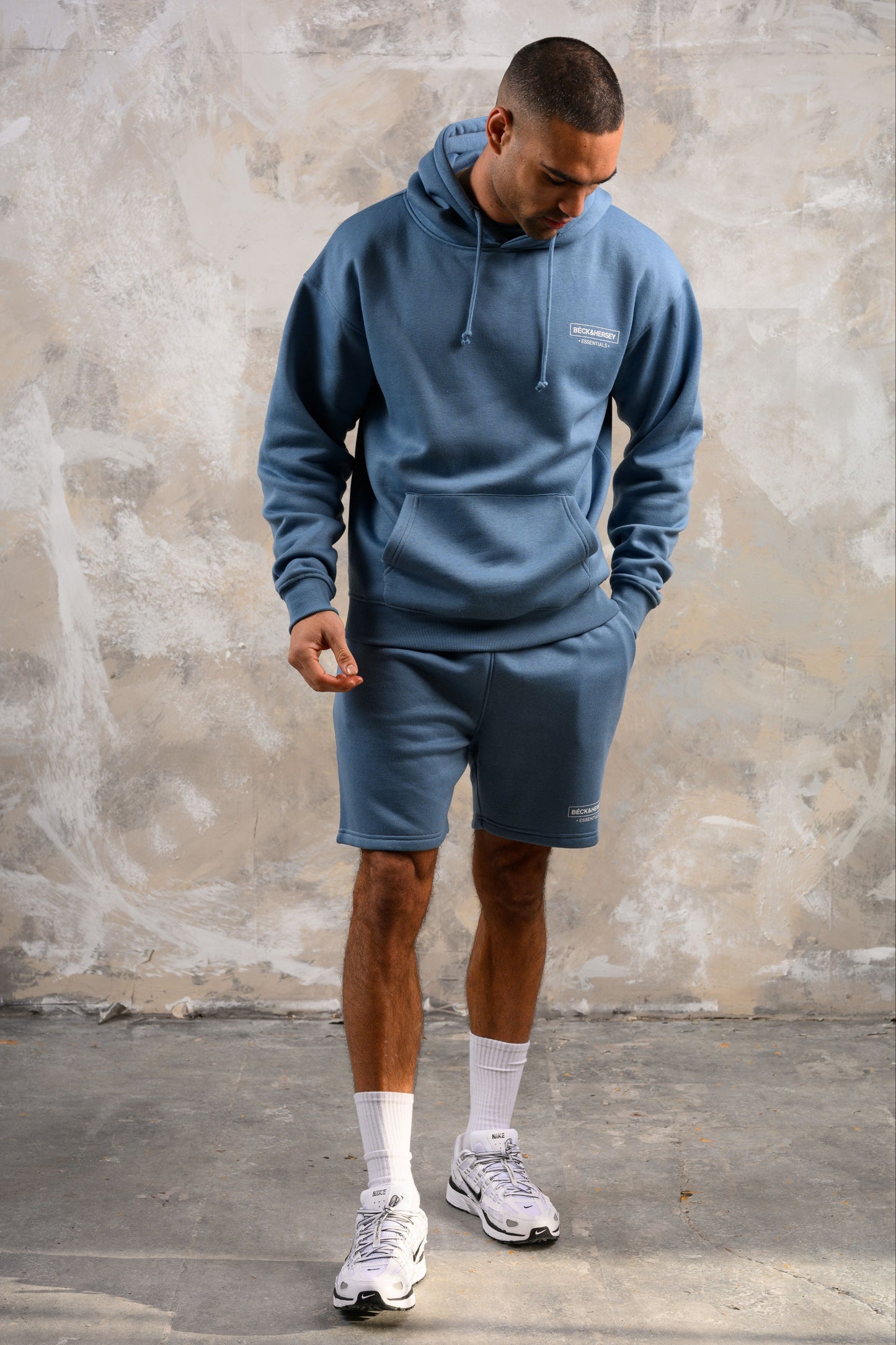 ESSENTIALS HOODY TEE & SHORT SET - BLUE